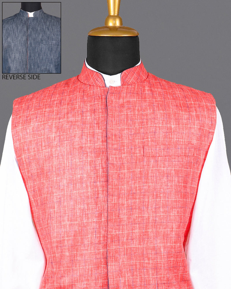 punch pink Windowpane Linen-Jute Blend Reversible Nehru Jacket