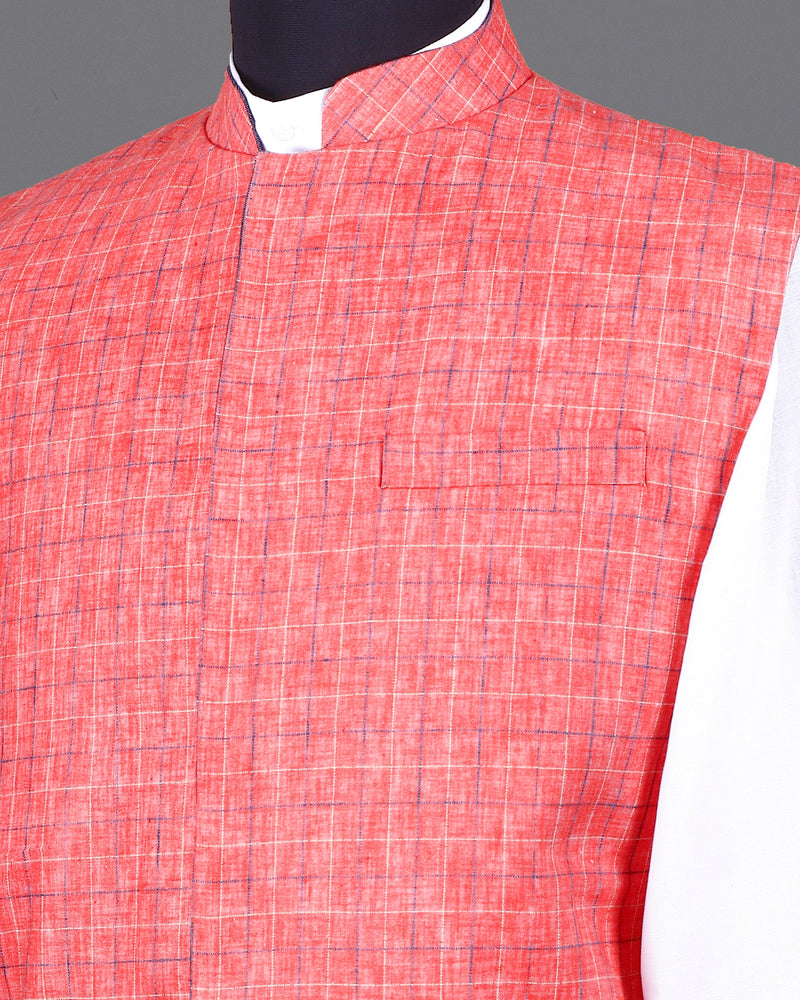 punch pink Windowpane Linen-Jute Blend Reversible Nehru Jacket