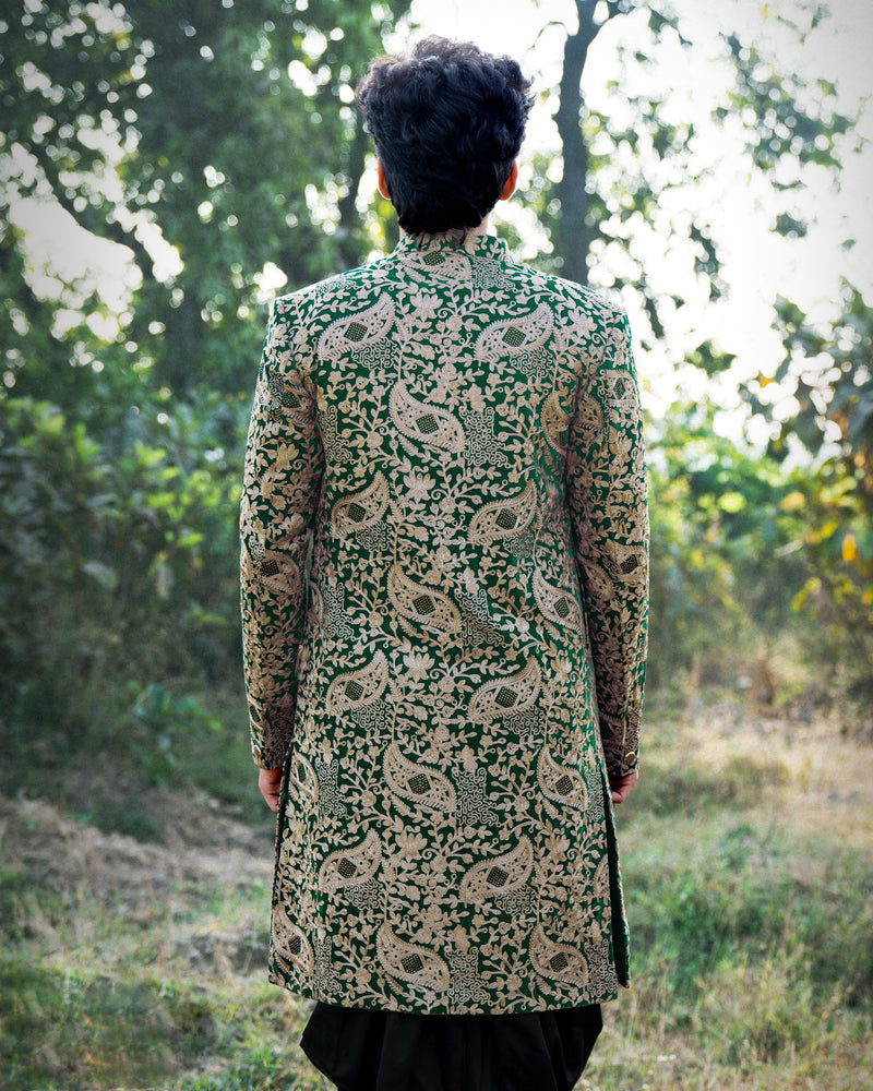 Asphalt Green Velvet Embroidered and Tikki Work Sherwani with Kurta, Dhoti Set