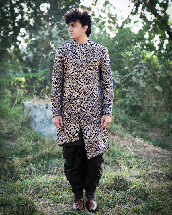 Jaguar Black Velvet Embroidered and Tikki Work Sherwani with Kurta, Dhoti Set