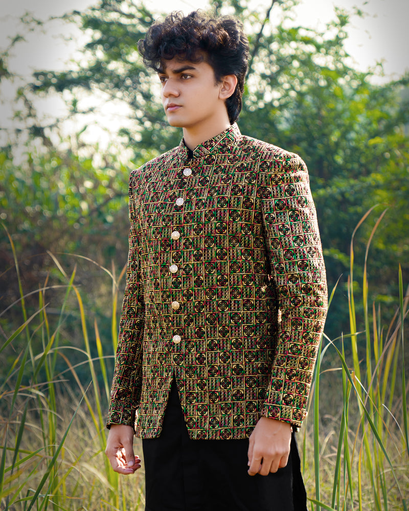 Tulip Tree Yellow with Jade Black Multicoloured Cotton Embroidered Thread Work Bandhgala Sherwani with Kurta and Pyjama