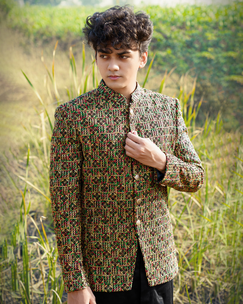 Tulip Tree Yellow with Jade Black Multicoloured Cotton Embroidered Thread Work Bandhgala Sherwani with Kurta and Pyjama