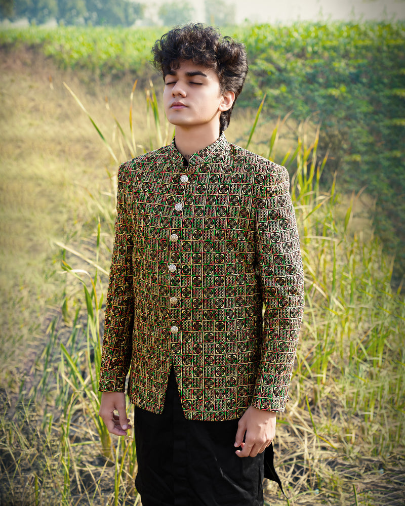 Tulip Tree Yellow with Jade Black Multicoloured Cotton Embroidered Thread Work Bandhgala Sherwani with Kurta and Pyjama