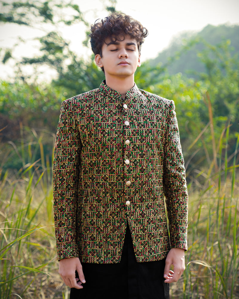 Tulip Tree Yellow with Jade Black Multicoloured Cotton Embroidered Thread Work Bandhgala Sherwani with Kurta and Pyjama