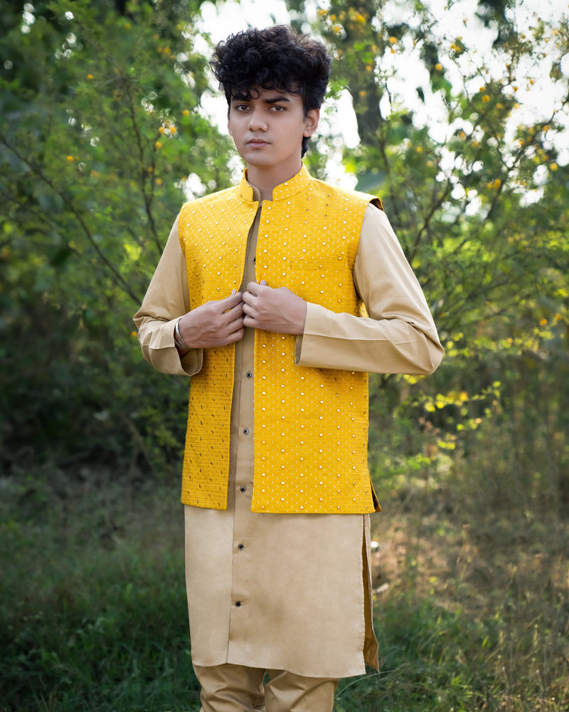 Sunglow Yellow Sleeveless Mirror Embodied Jacket with Kurta, Pajama set