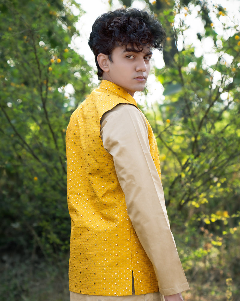 Sunglow Yellow Sleeveless Mirror Embodied Jacket with Kurta, Pajama set