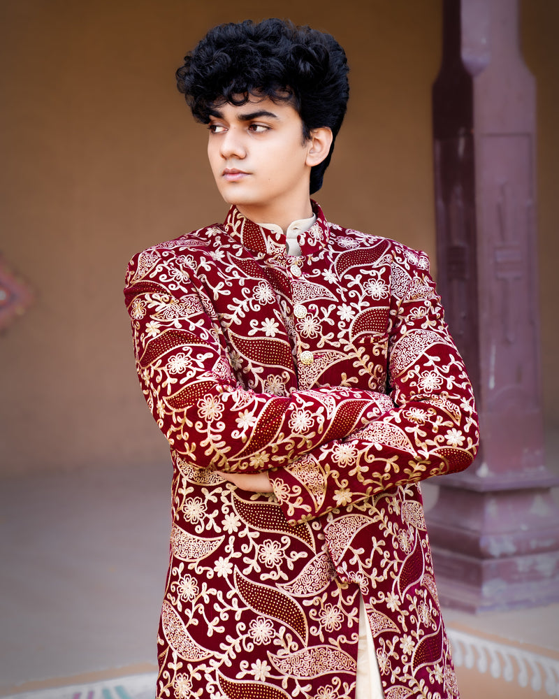 Scarlet Maroon Velvet Embroidered and Tikki Work Sherwani with Kurta, Dhoti Set