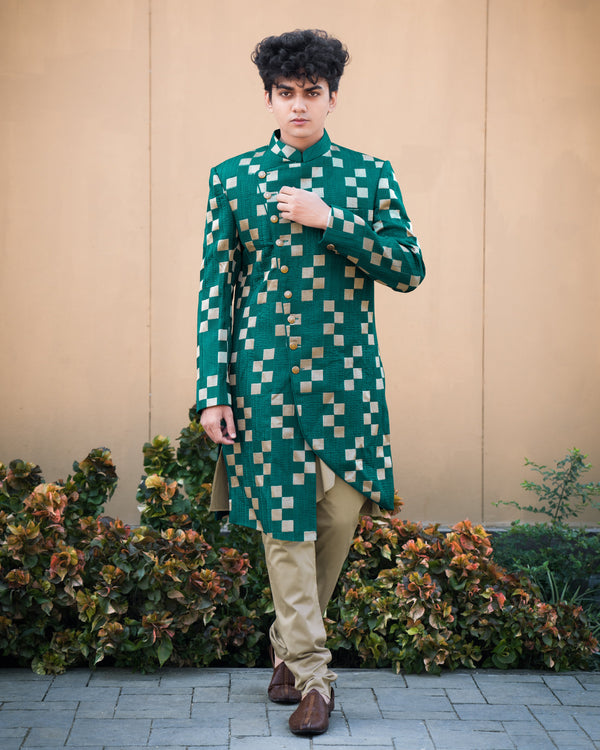 Dark Teal Green Velvet with Heavy Embroidered Worked Sherwani with Kurta, Pajama Set