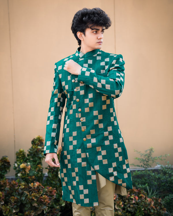 Dark Teal Green with Periglacial Cream Checked Velvet with Cotton Embroidered Thread Work Asymmetrical Patterned Cross Buttoned Bandhgala Sherwani