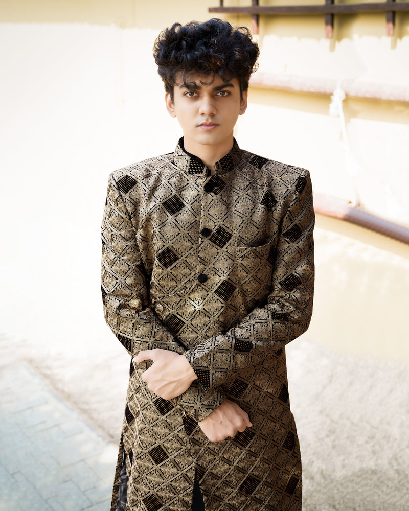 Muesli Brown with Black Velvet Tikki Work with Embroidered Work Sherwani with Kurta, Pajama Set