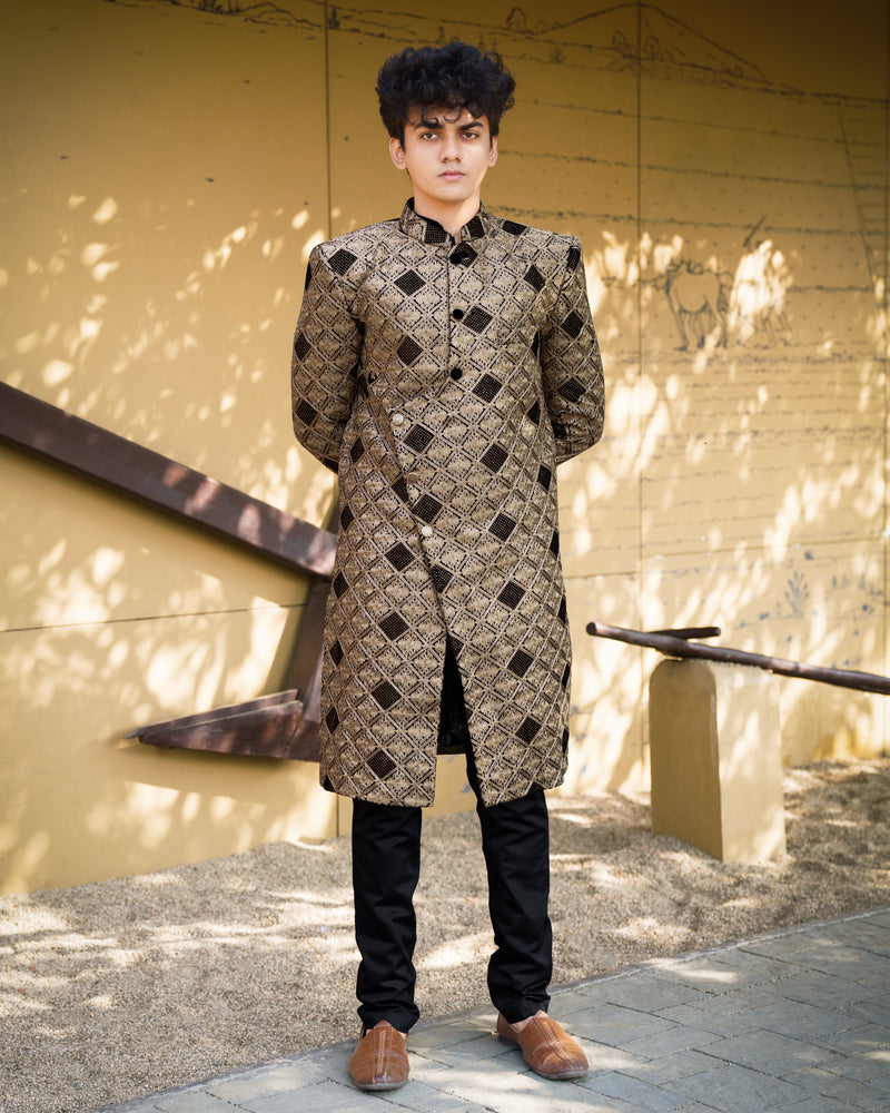 Muesli Brown with Black Velvet Tikki Work with Embroidered Work Sherwani with Kurta, Pajama Set