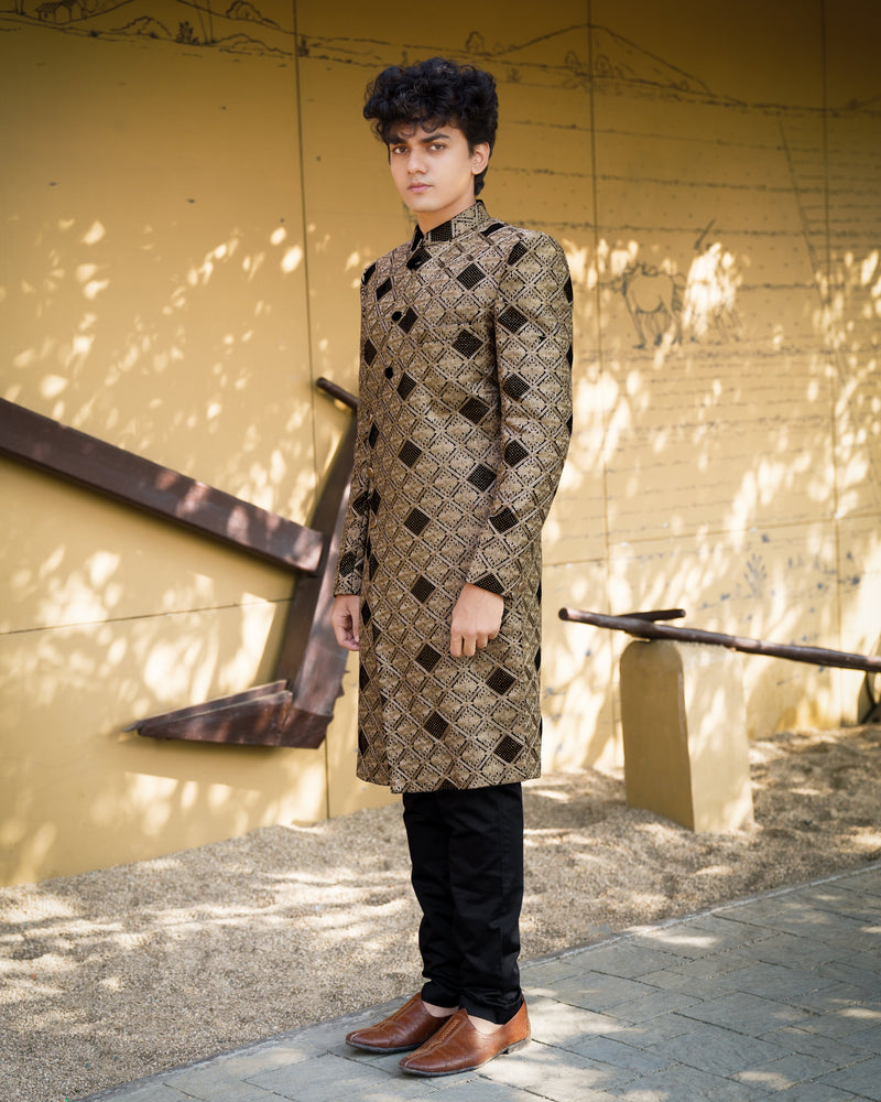 Muesli Brown with Black Velvet Tikki Work with Embroidered Work Sherwani with Kurta, Pajama Set