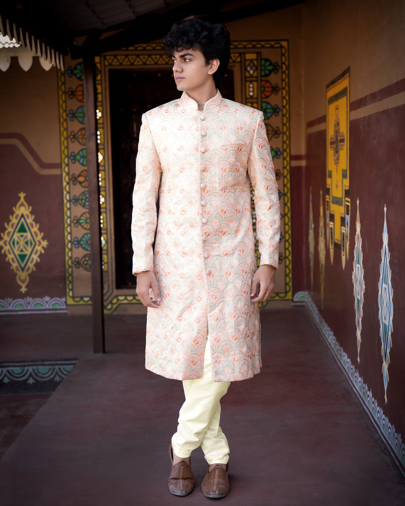 Cosmos Pink With Heavy Embroidered Work Bandhgala Sherwani with Kurta and Pajama Set