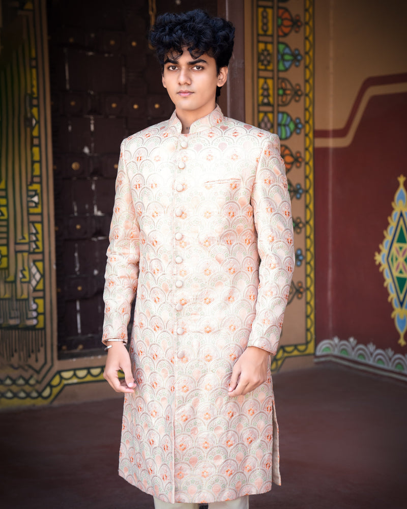 Cosmos Pink With Heavy Embroidered Work Bandhgala Sherwani with Kurta and Pajama Set