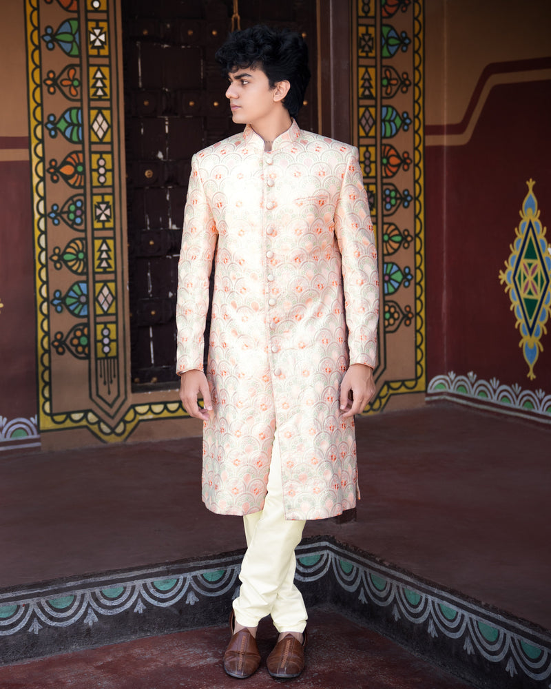 Cosmos Pink With Heavy Embroidered Work Bandhgala Sherwani with Kurta and Pajama Set