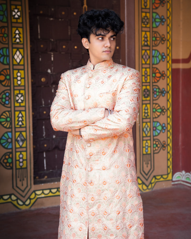 Cosmos Pink with Tangerine Orange and Sprout Green Cotton Embroidered Thread Work Bandhgala Sherwani