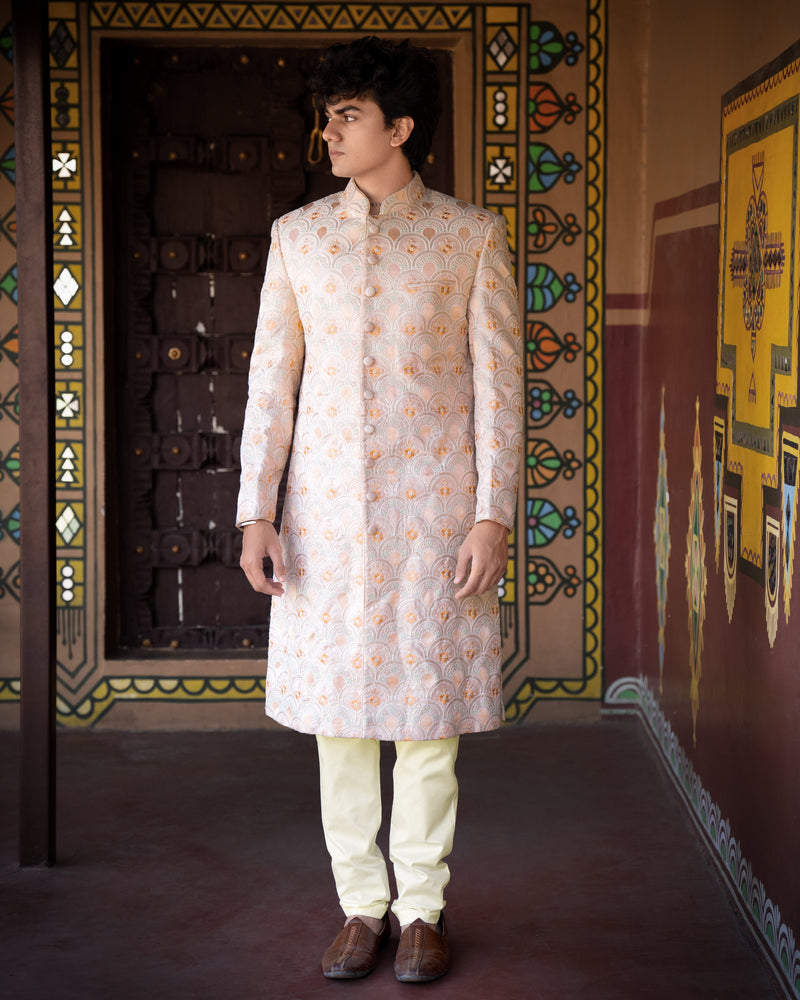 Cosmos Pink With Heavy Embroidered Work Bandhgala Sherwani with Kurta and Pajama Set