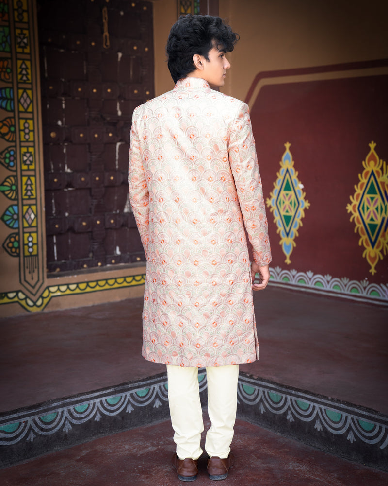 Cosmos Pink With Heavy Embroidered Work Bandhgala Sherwani with Kurta and Pajama Set