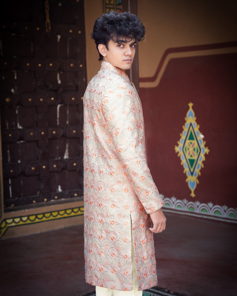 Cosmos Pink With Heavy Embroidered Work Bandhgala Sherwani with Kurta and Pajama Set