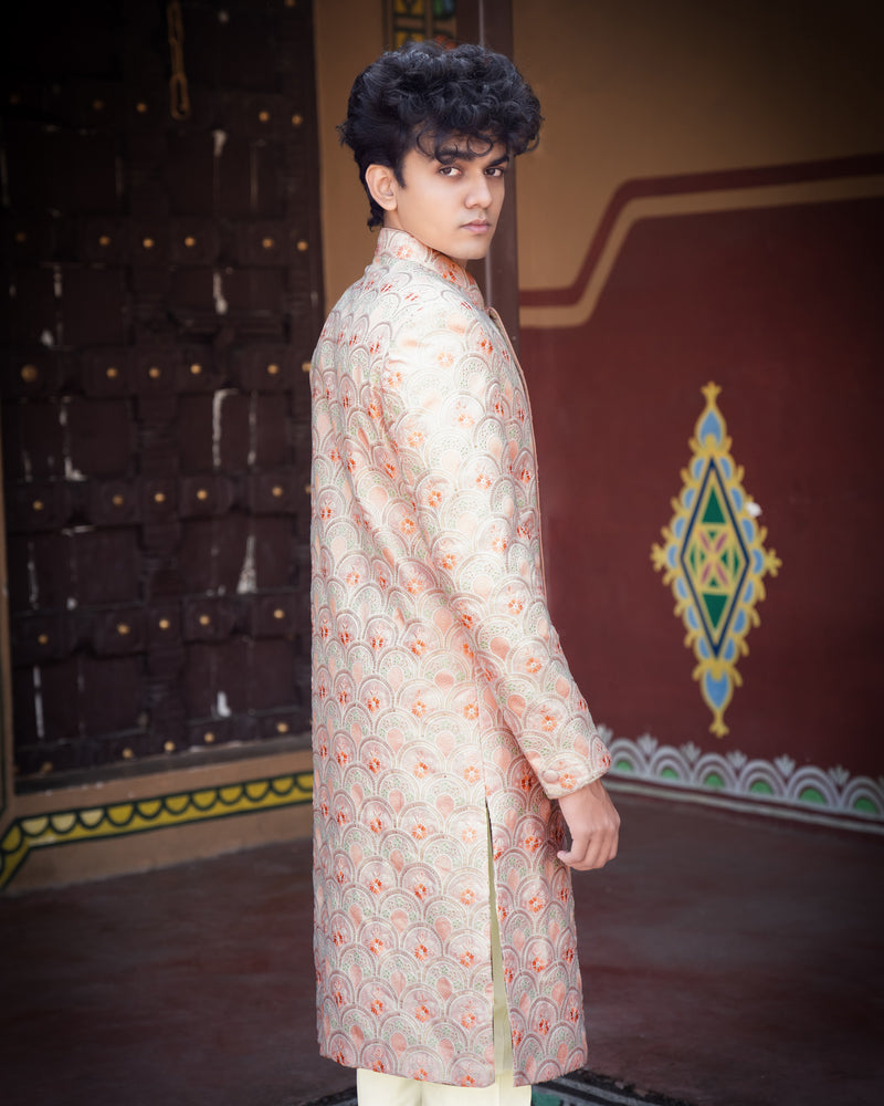 Cosmos Pink with Tangerine Orange and Sprout Green Cotton Embroidered Thread Work Bandhgala Sherwani