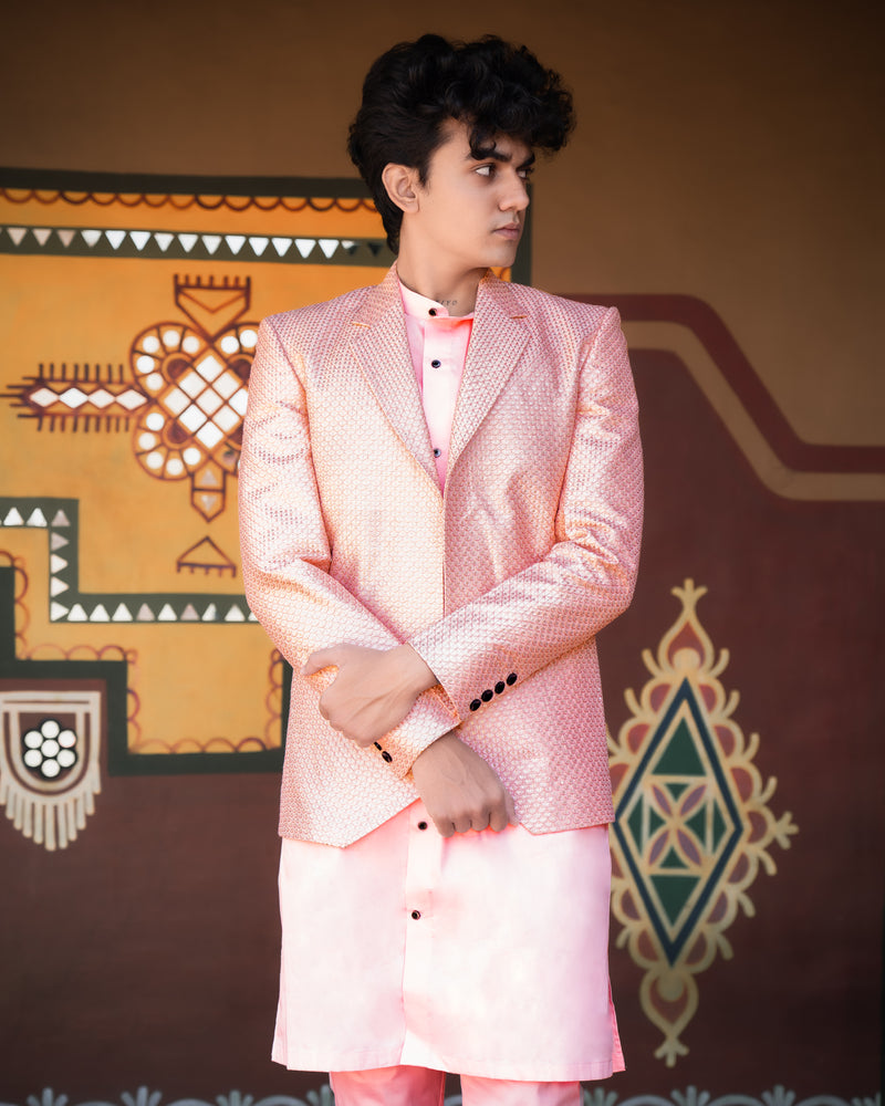 Pastel Pink Cotton Embroidered Thread Work Bandhgala Sherwani