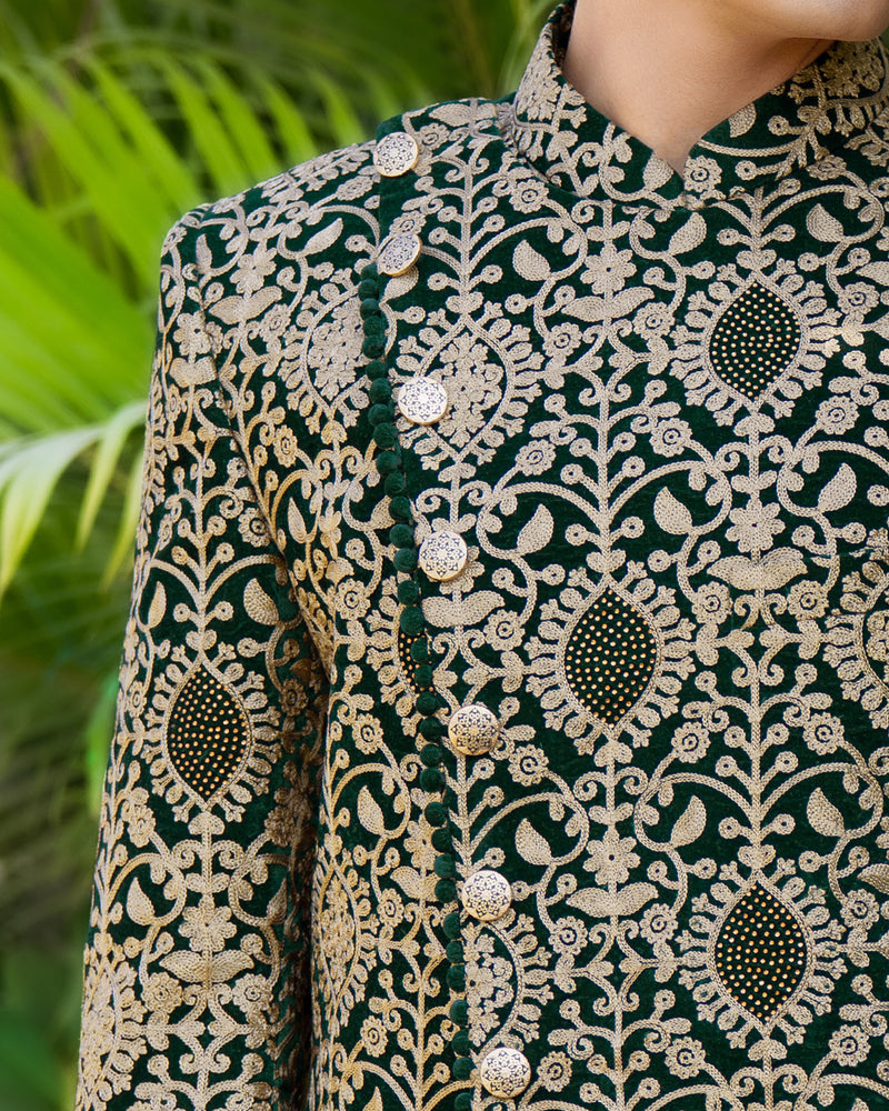 Burnham Green Velvet Embroidered and Tikki Work Sherwani with Kurta, Pajama Set