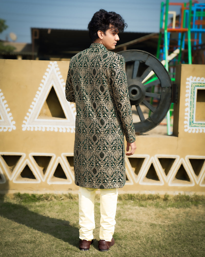 Burnham Green Velvet Embroidered and Tikki Work Sherwani with Kurta, Pajama Set