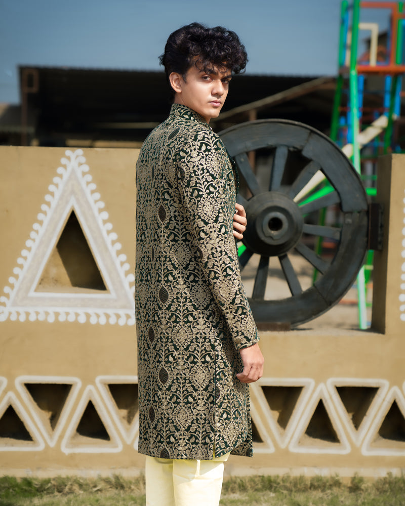 Muesli Brown with Burnham Green Velvet Tikki Work with Cotton Embroidered Thread Work Asymmetrical Patterned Cross Buttoned Badhgala Sherwani