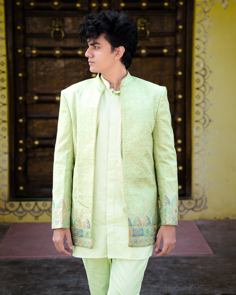 Surf Crest Green Bandhgala Sherwani and Half-Sleeved Jacket