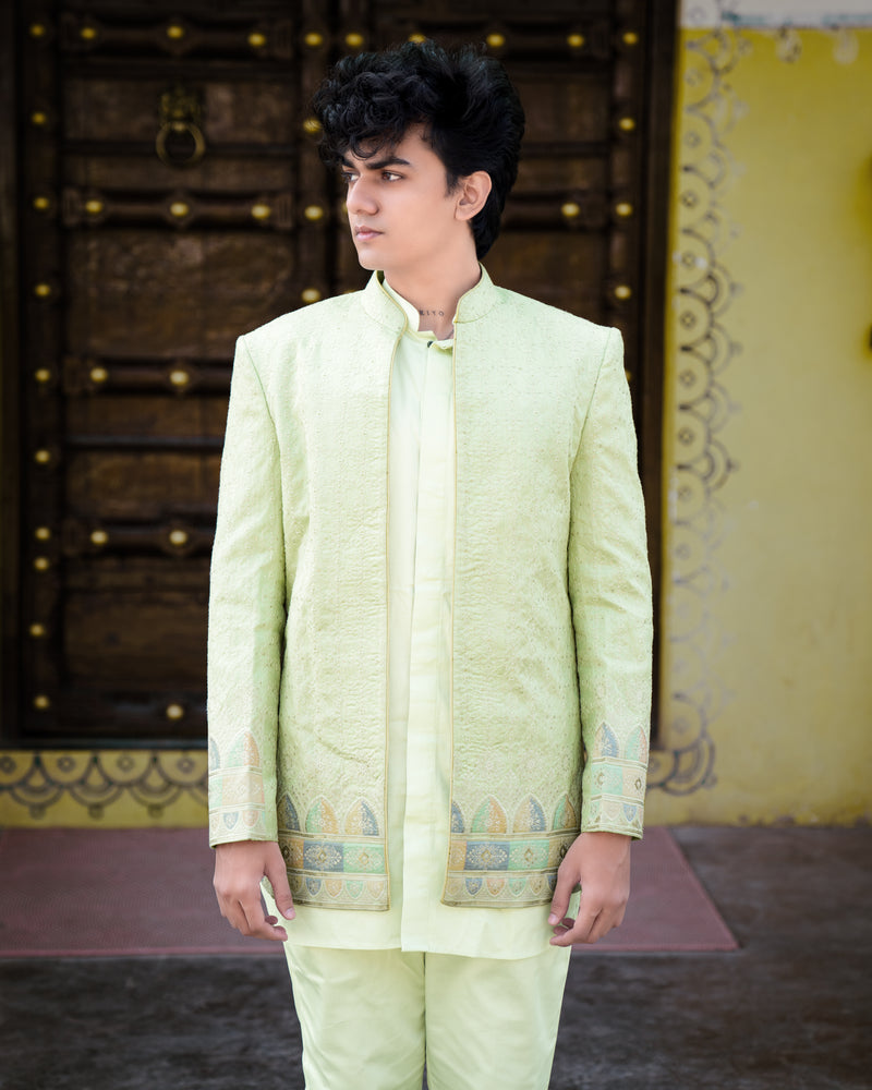 Surf Crest Green Bandhgala Sherwani and Half-Sleeved Jacket