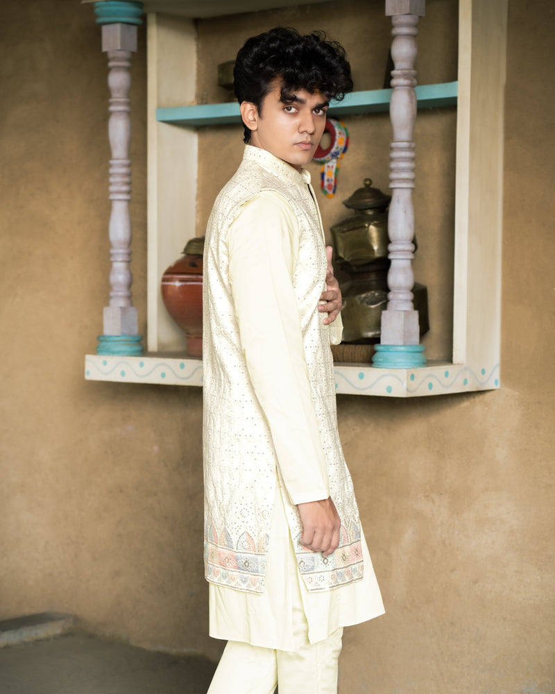 Mercury Off White and Embroider Nehru Long Jacket With Kurta Pajama Set