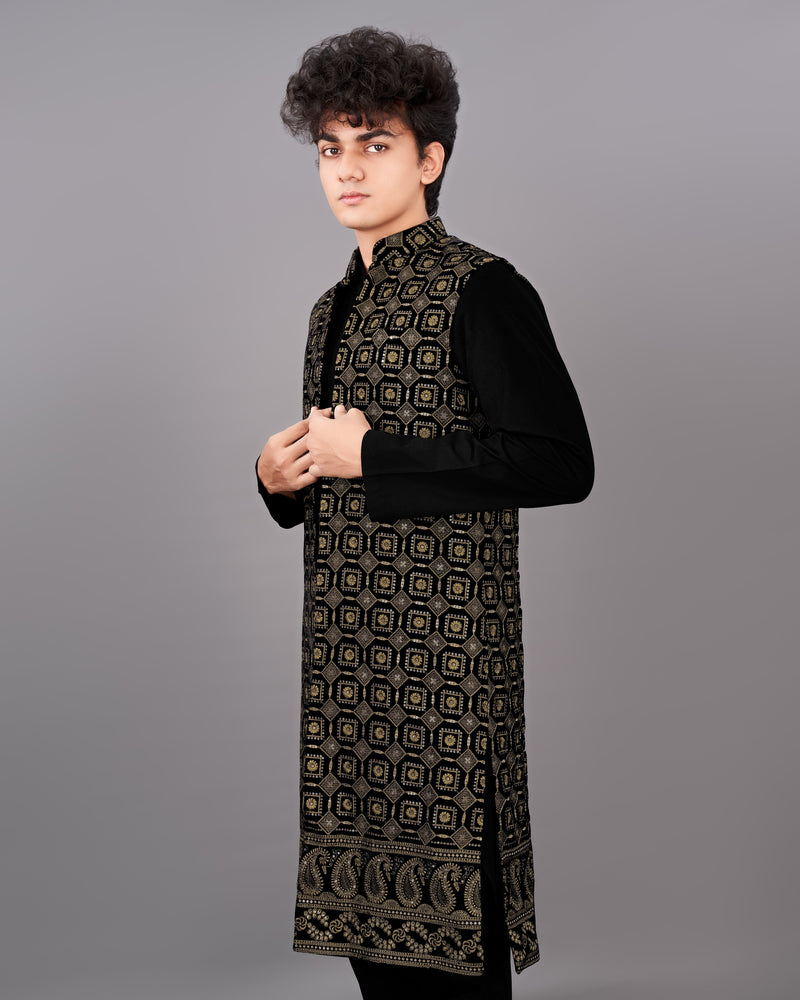 Jade Black with Moccasin Brown Sleeveless Embroidered Indo-Western with Kurta and Pants Set