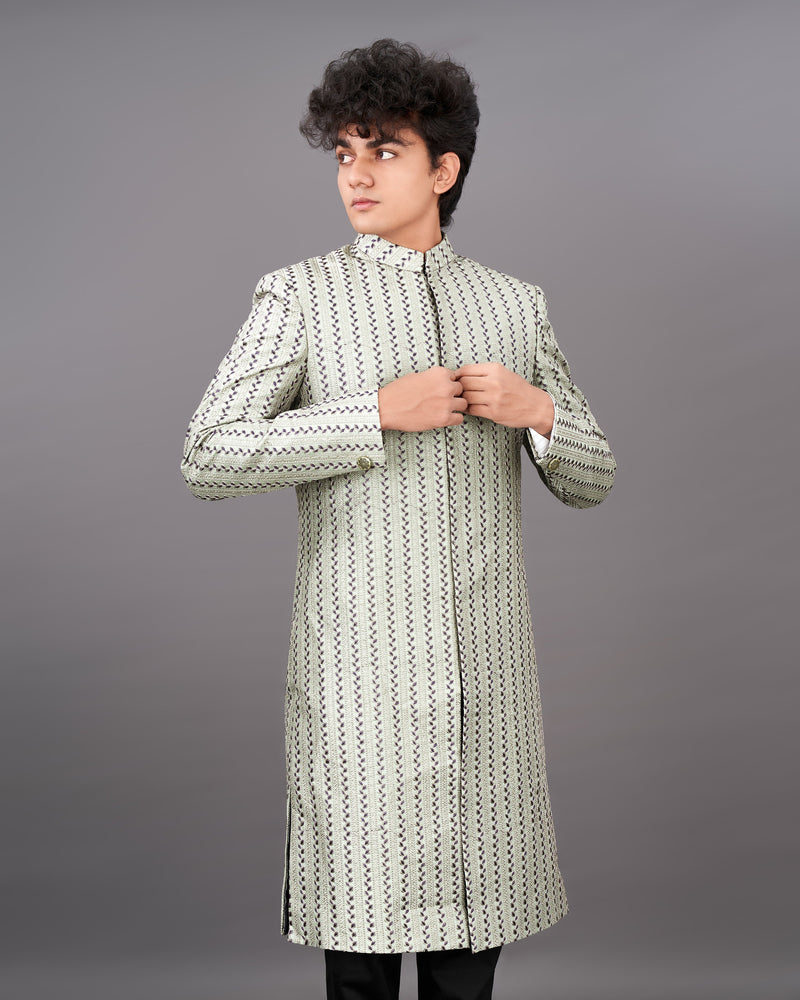 Bone Green With Embroidered Sherwani with Black Kurta and Pants Set