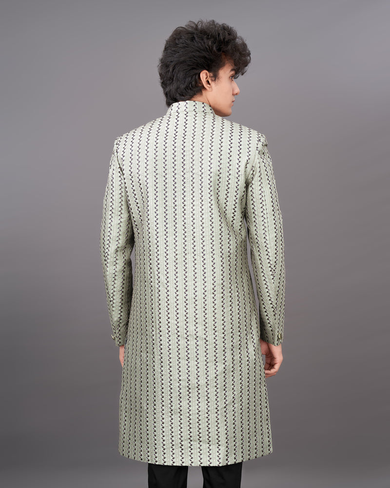 Bone Green With Embroidered Sherwani with Black Kurta and Pants Set