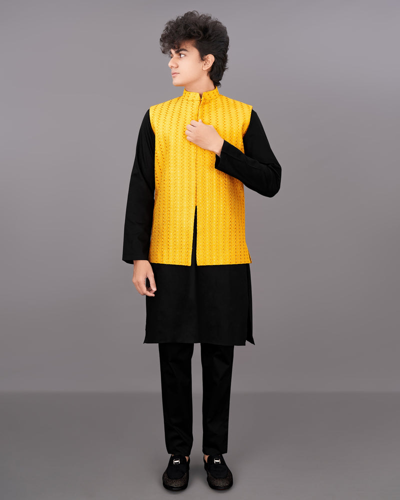 Mikado Yellow Sleeveless Embroidered Jacket with Kurta, Pants Set