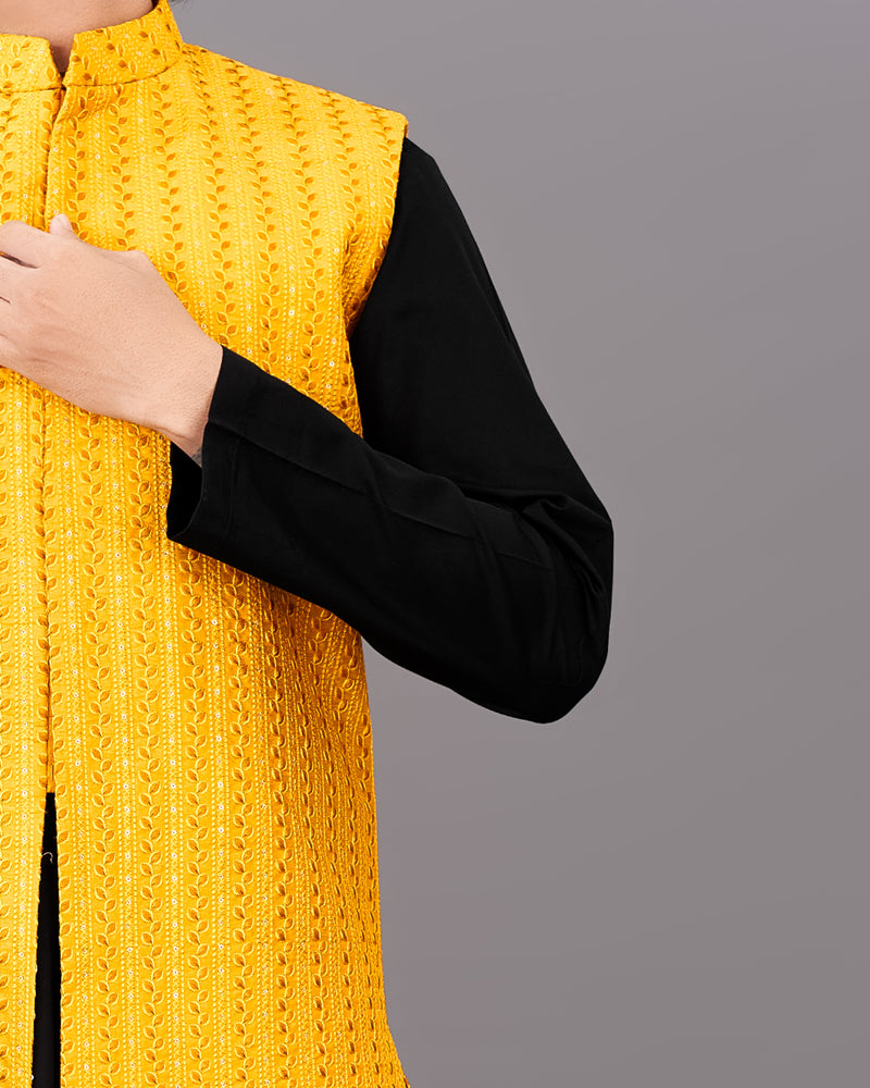 Mikado Yellow Sleeveless Embroidered Jacket with Kurta, Pants Set