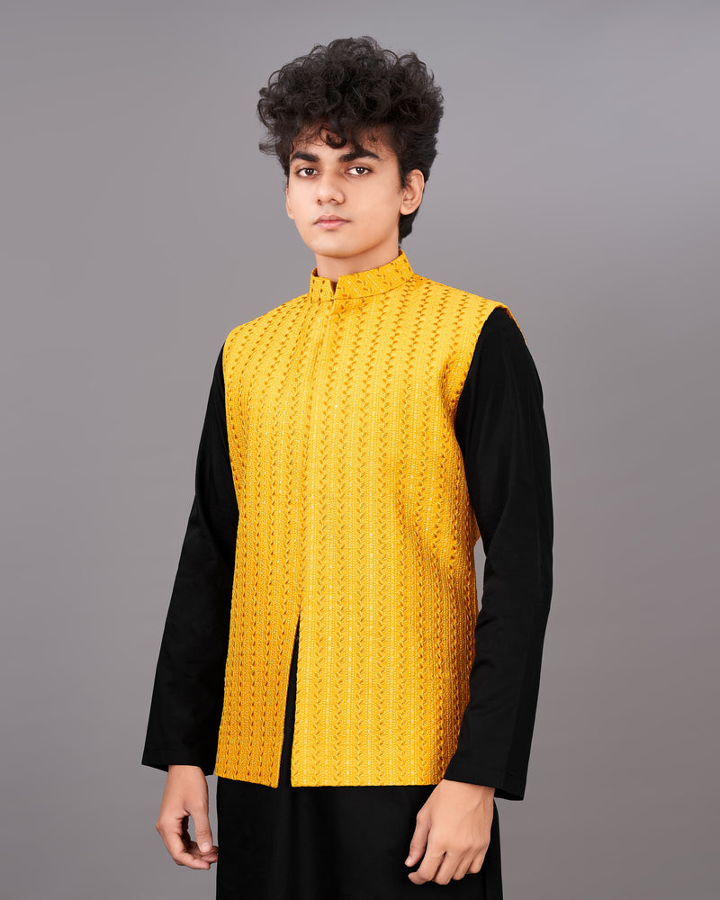 Mikado Yellow Sleeveless Embroidered Jacket with Kurta, Pants Set