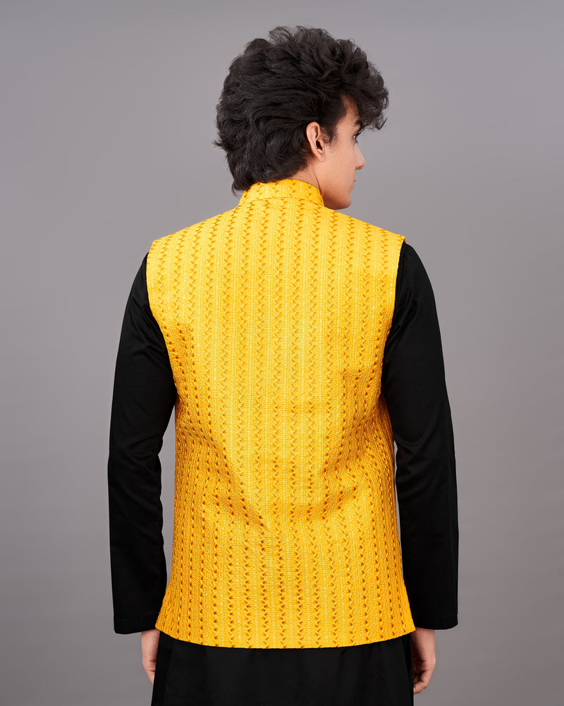 Mikado Yellow Sleeveless Embroidered Jacket with Kurta, Pants Set