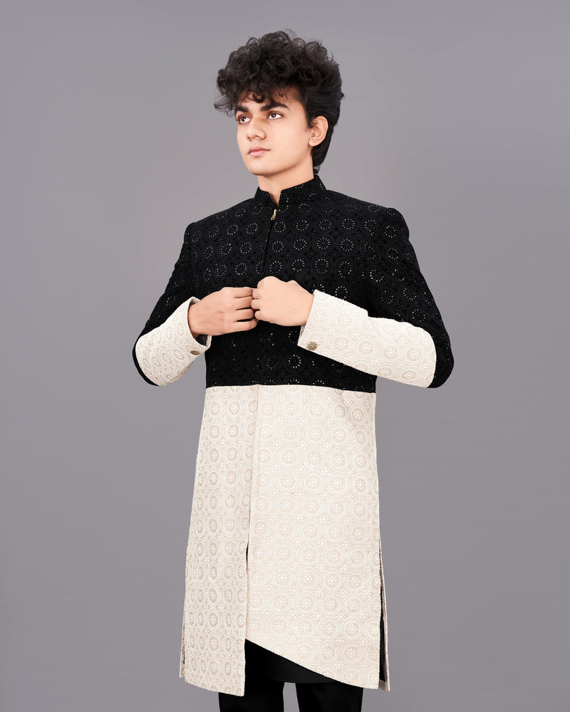 Jade Black with Eggshell Cream and Sequence Embroidered Indo-Western with Kurta and Pants Set