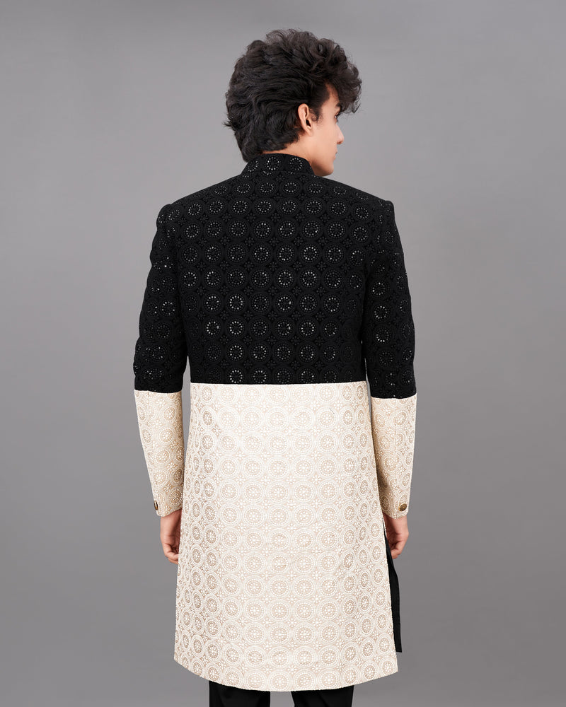Jade Black with Eggshell Cream and Sequence Embroidered Indo-Western with Kurta and Pants Set