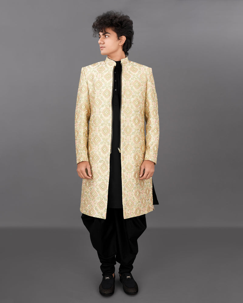 Navajo Brown with Oyster Peach and Sequence Embroidered Sherwani with Kurta and Dhoti Set