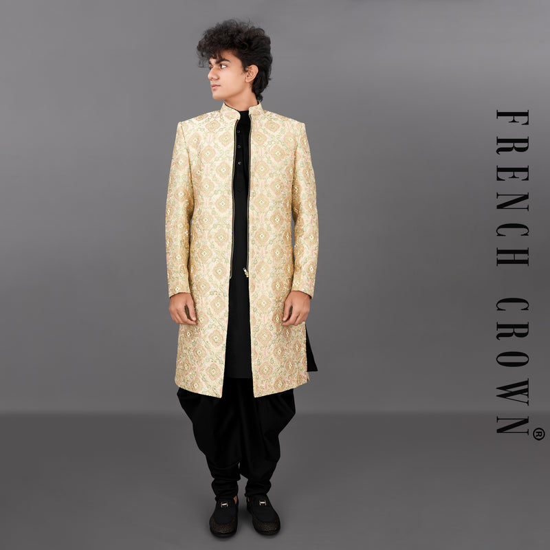 Navajo Brown with Oyster Peach and Sequence Embroidered Sherwani with Kurta and Dhoti Set