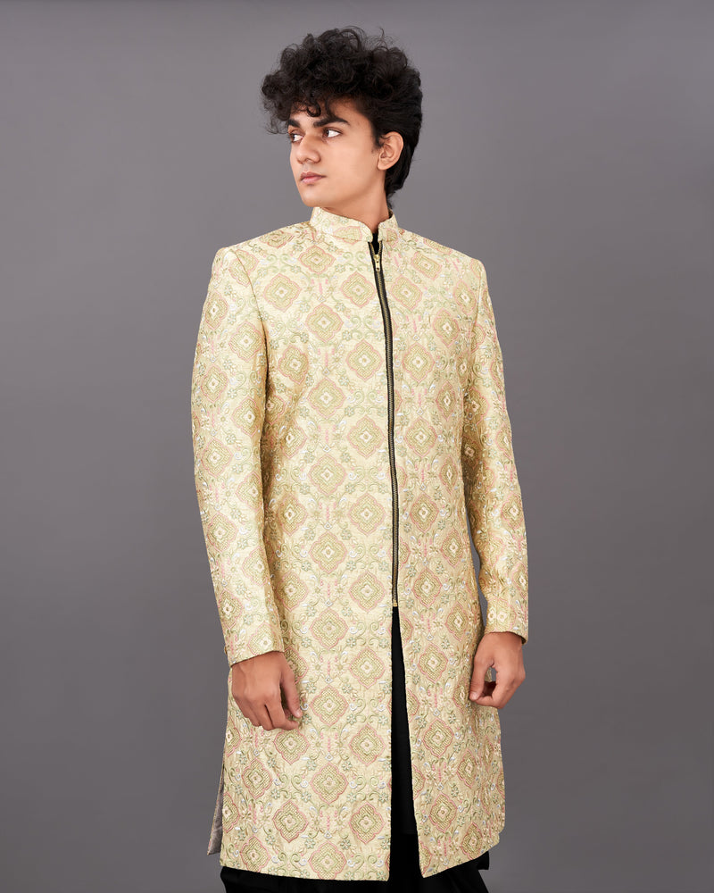 Navajo Brown with Oyster Peach and Sequence Embroidered Sherwani with Kurta and Pyjama Set