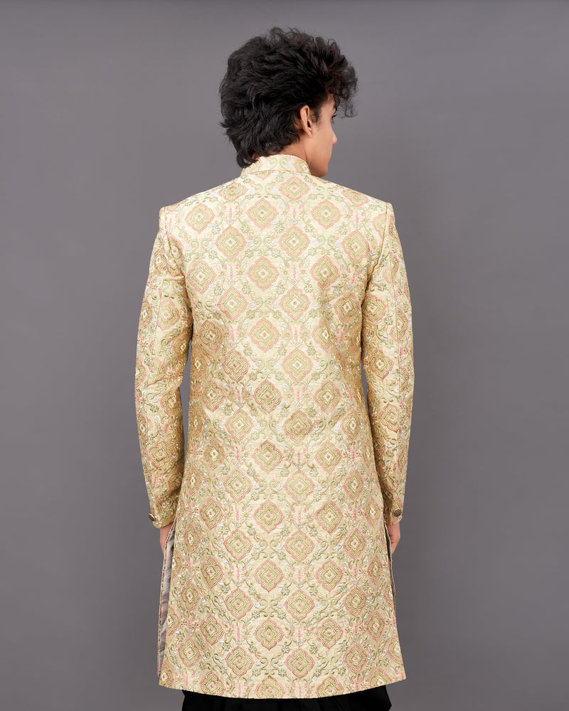 Navajo Brown with Oyster Peach and Sequence Embroidered Sherwani with Kurta and Pyjama Set