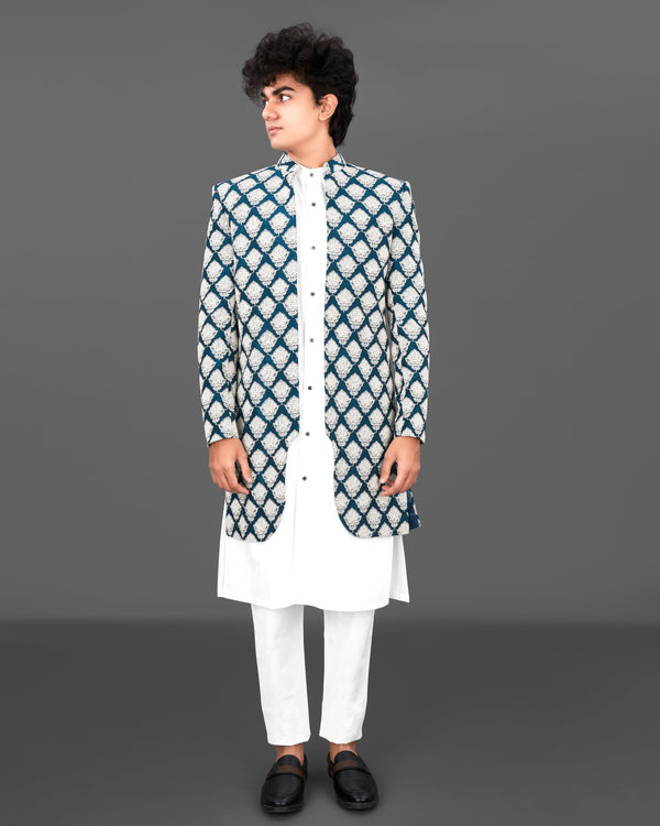 Rhino Blue with White and Sequence Embroidered Indo-Western with Kurta and Pants Set