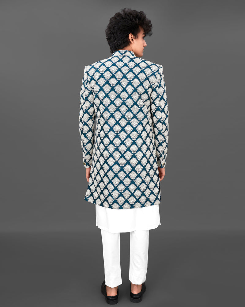 Rhino Blue with White and Sequence Embroidered Indo-Western with Kurta and Pants Set