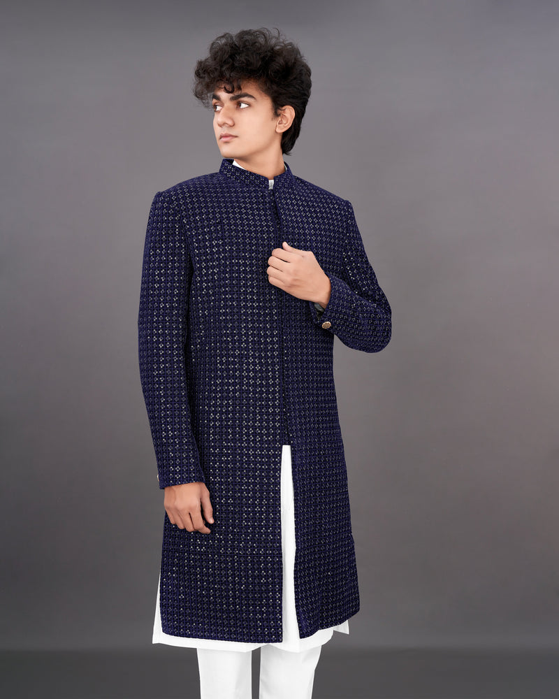 Haiti Navy Blue Embroidered Sherwani with Kurta and Pants Set