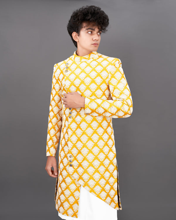 Squash Yellow and White and Sequence Embroidered Sherwani with Kurta and Pants Set