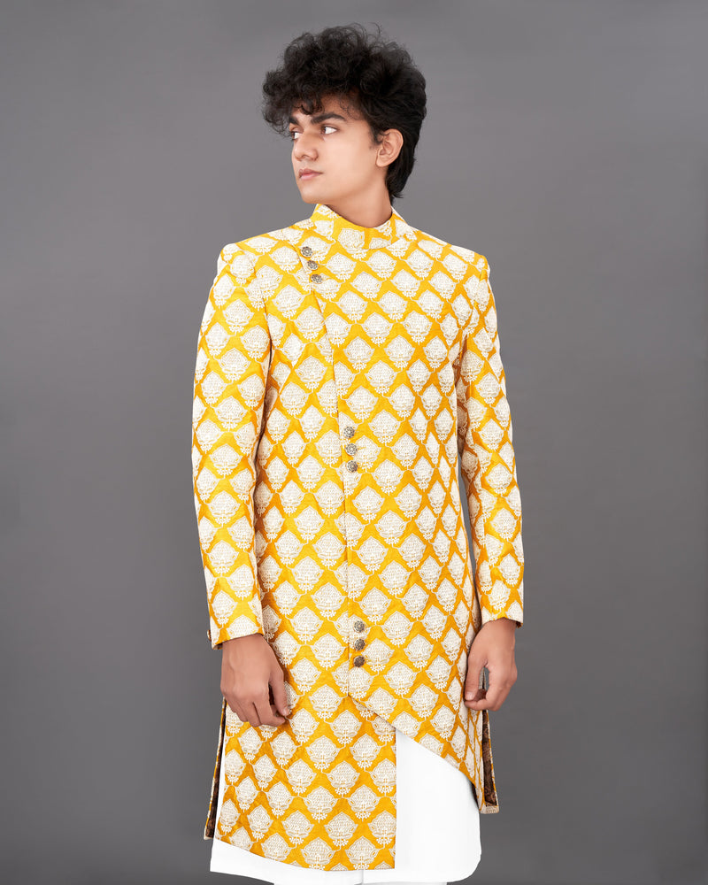 Squash Yellow and White and Sequence Embroidered Sherwani with Kurta and Pants Set