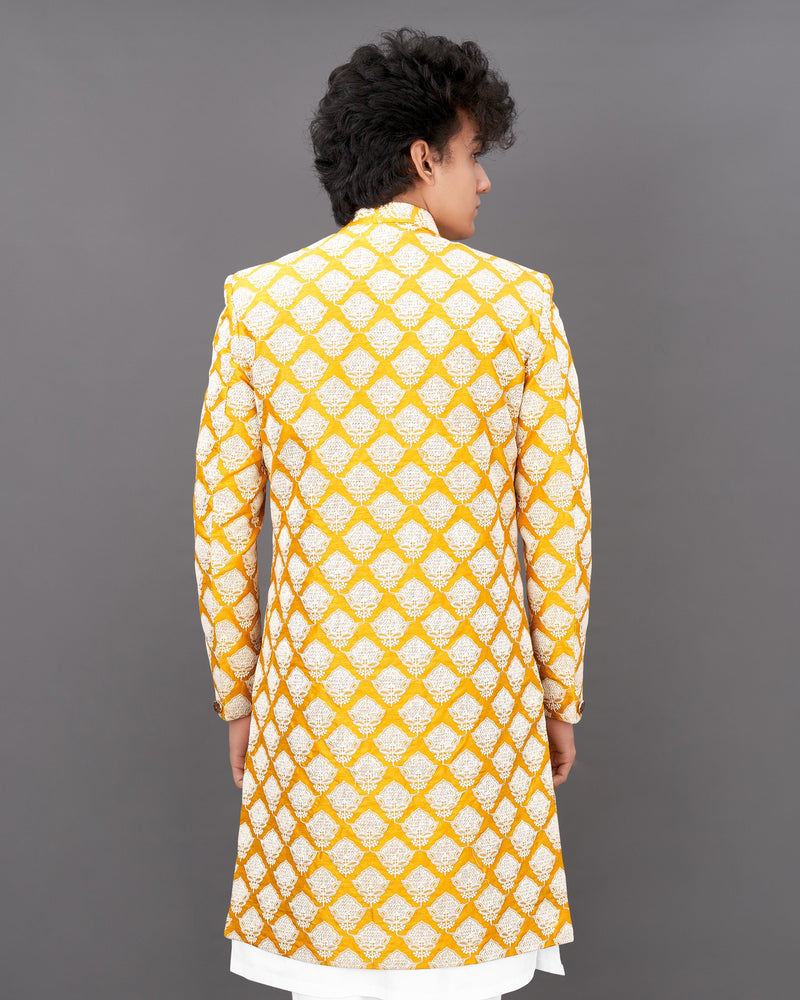 Squash Yellow and White and Sequence Embroidered Sherwani with Kurta and Pants Set